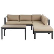 Set da giardino divano 5 posti e tavolo elevabile con struttura nera e piano in vetro e cuscini beige stile moderno scandinavo