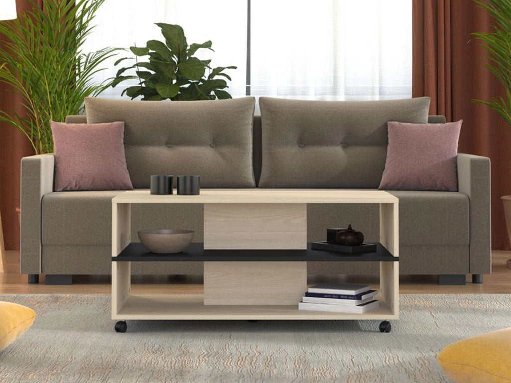 Erice, Tavolino da Salotto con Ruote, 101x54.5x47.5h cm Marrone Rovere Chiaro