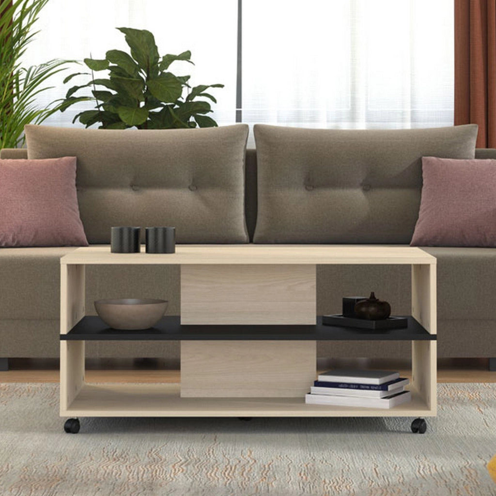 Erice, Tavolino da Salotto con Ruote, 101x54.5x47.5h cm Marrone Rovere Chiaro