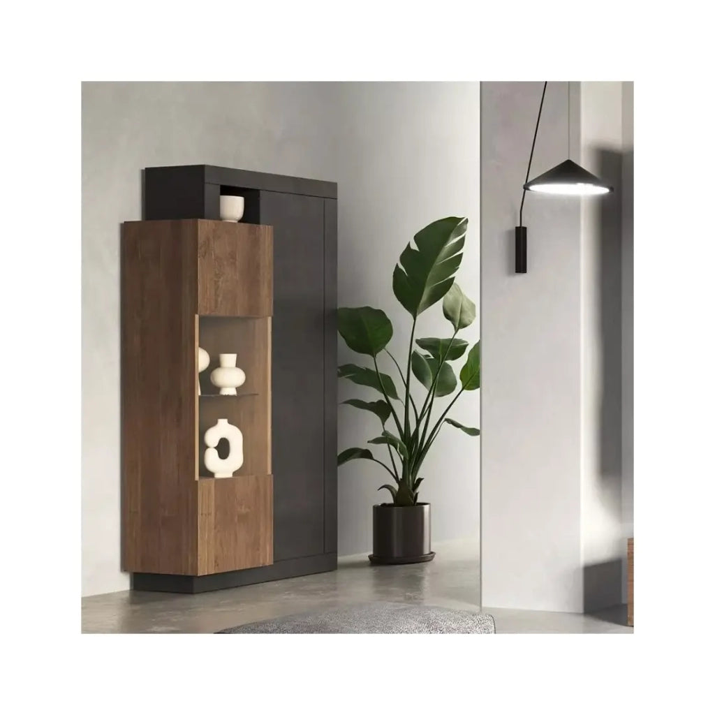 Vetrina 2 porte collezione DOMI. Colori grigio antracite e rovere scuro.