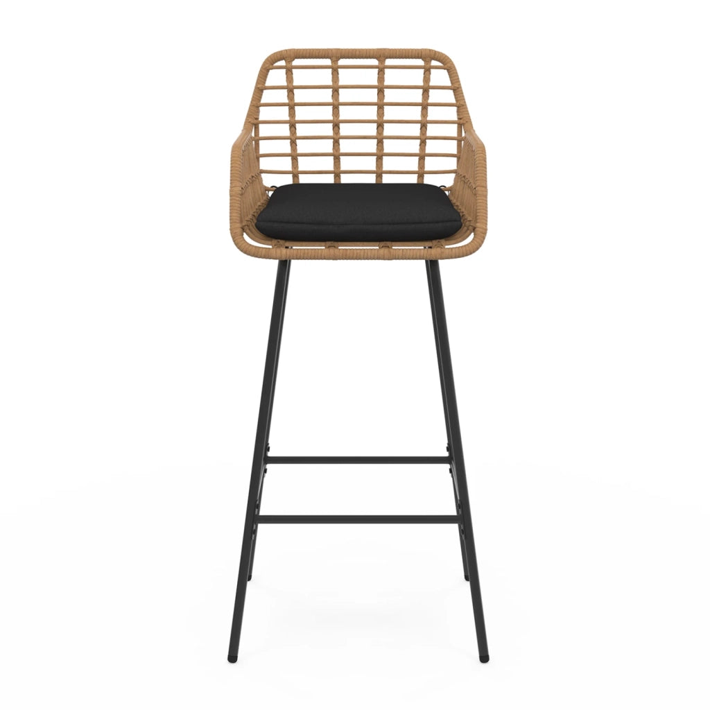 IDMarket - Set di 2 sgabelli da bar SUMMER con braccioli effetto rattan beige e gambe in metallo nero