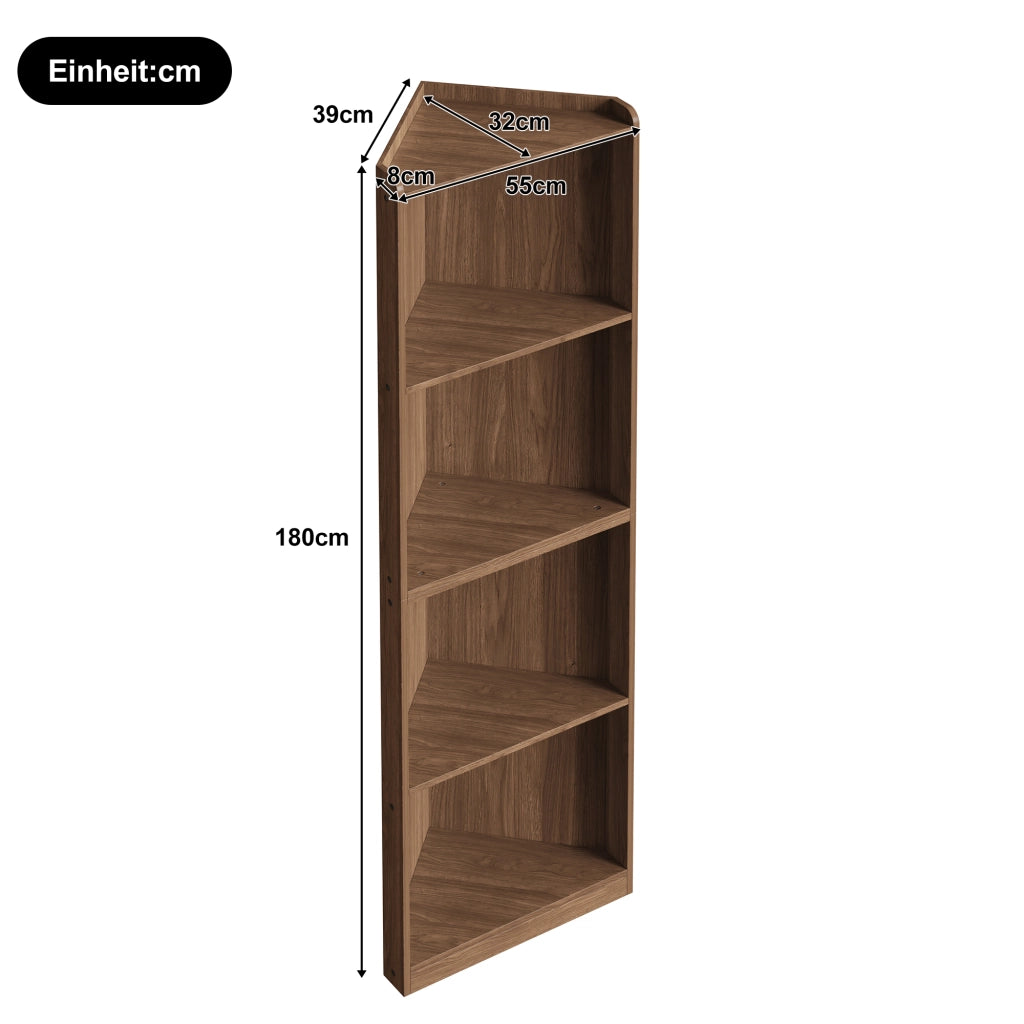 Libreria angolare salvaspazio con ripiani e dispositivo antiribaltamento per soggiorno in MDF noce 55 × 32 × 180 cm