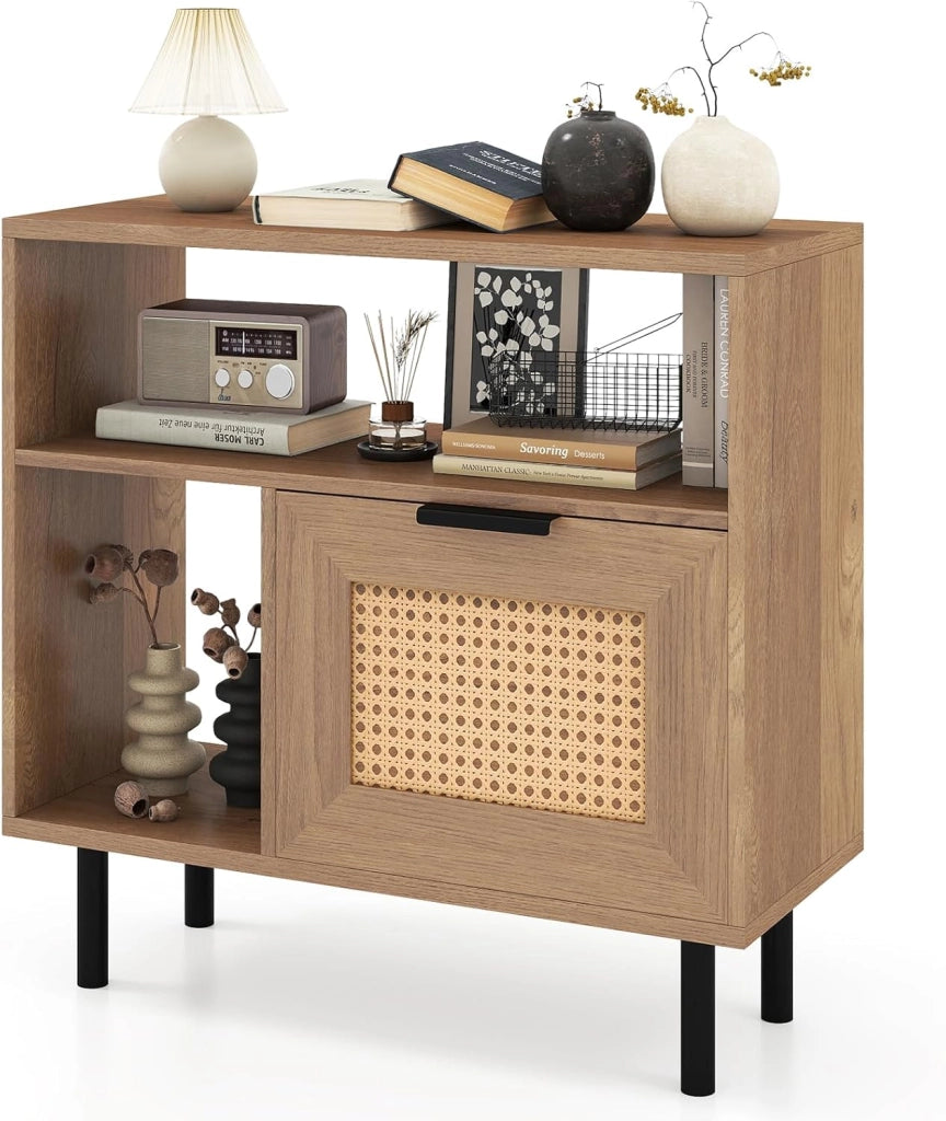 Comodino in Rattan con Conservazione, Tavolo Supplemento Stile Fattoria Moderno con Ripiani Aperti e Piedi Metallici, Notte per Camera, Soggiorno, Ufficio e Piccoli Spazi