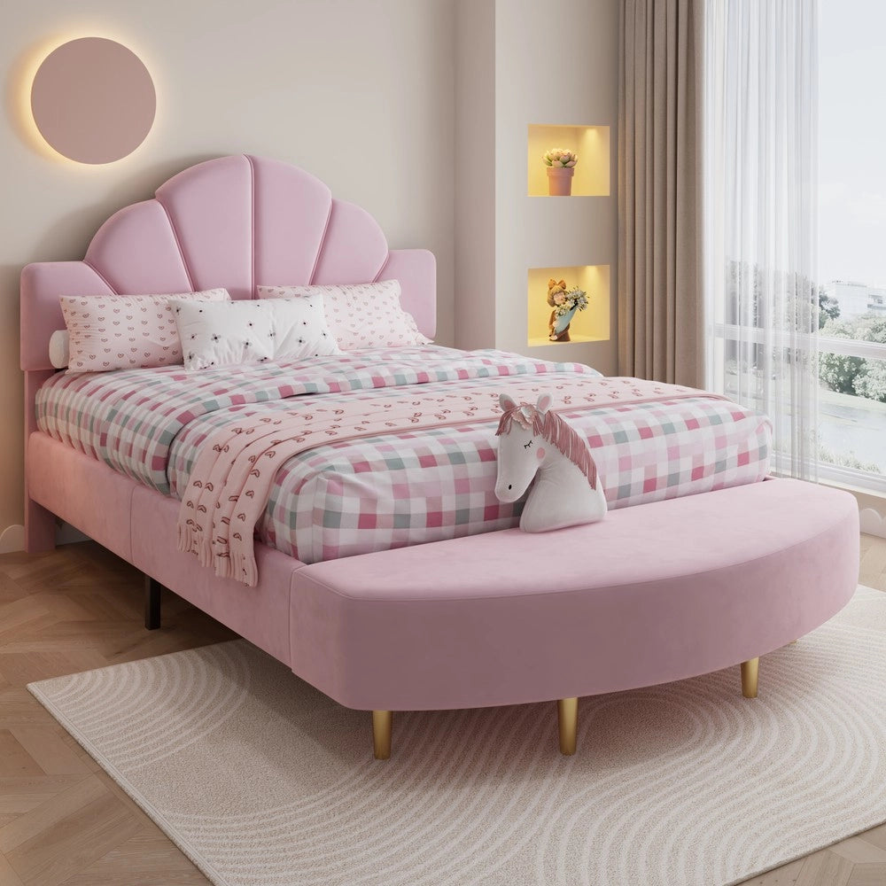 Letto Imbottito con Testiera in Velluto e Panca ¨C MINIMAL ¨C Rosa, 140x200