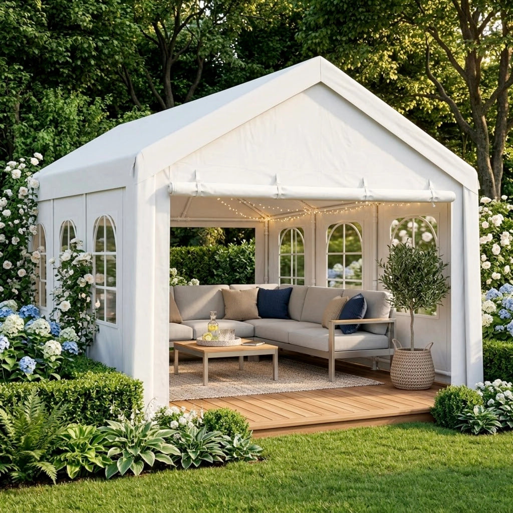 Gazebo Da Giardino Professionale Con Pareti Laterali Modulari E Finestre Cristalline Per Eventi Ricevimenti Catering Copertura Outdoor Resistente Impermeabile 6 x 4 x 3.15 Metri Bianco