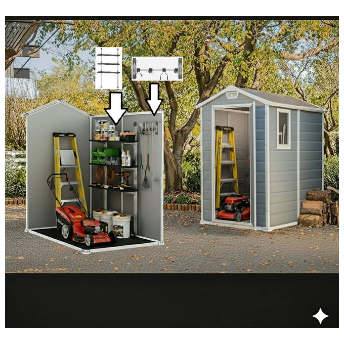 Keter KIT_ Casetta Manor 4x6 Grigia 130x192x198H con Appendi Attrezzi e Scaffale