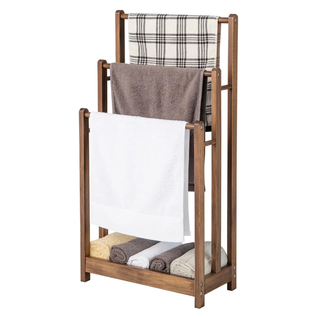 Portasciugamani da terra 45,5 x 22 x 86 cm con 3 barre e ripiano portaoggetti stile classico legno marrone 20_0020723