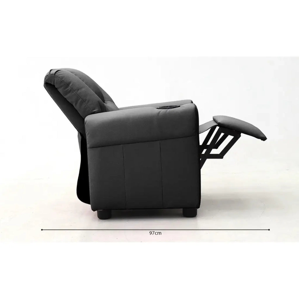 Mini poltrona relax ITCHI reclinabile manualmente in materiale PU di colore nero.