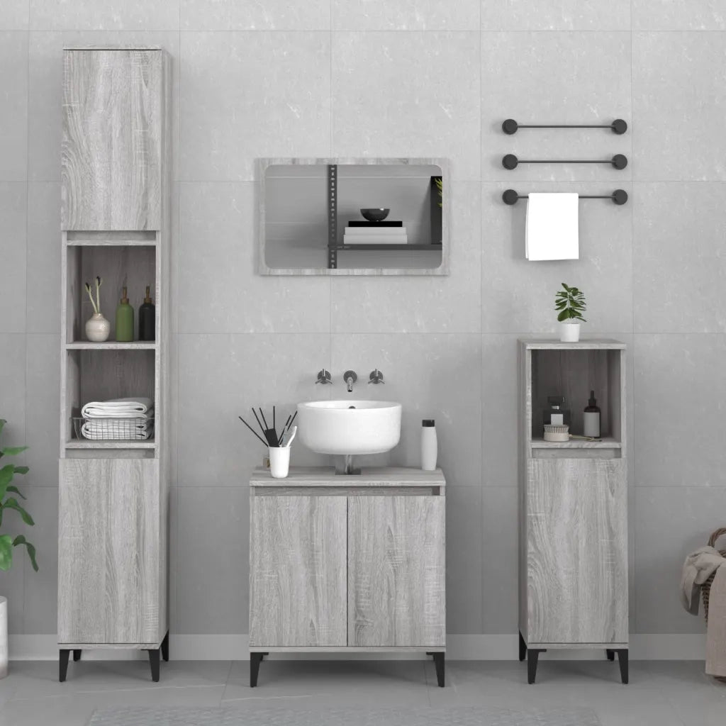 Set Mobili da Bagno | Armadio da bagno 3 pz Grigio Sonoma in Legno Multistrato