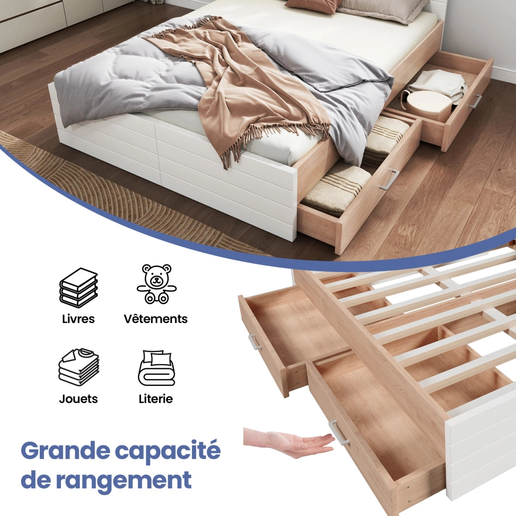 Letto Matrimoniale 140x200 cm; 2 Cassetti in Legno Massiccio e MDF; Bianco e Rovere