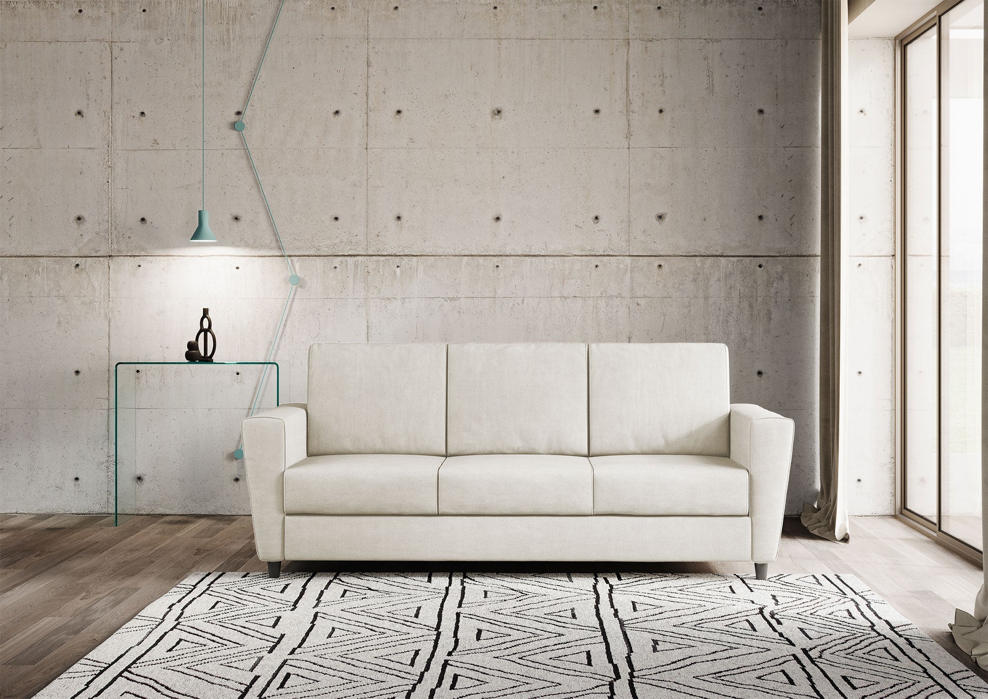 Divano 3 Posti 212x85x85 cm Yasel in Tessuto Latte