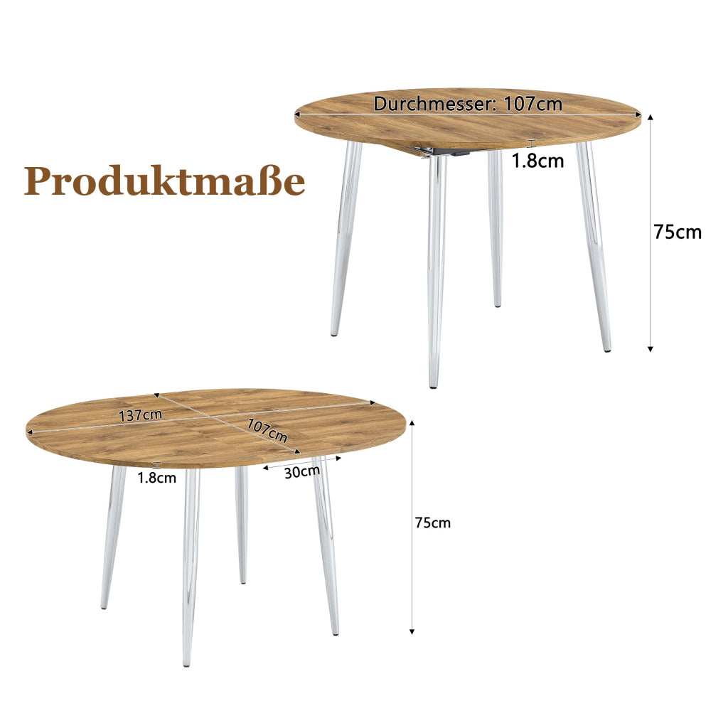 Tavolo da pranzo allungabile rotondo con piano estensibile e gambe in metallo per sala da pranzo in MDF color legno