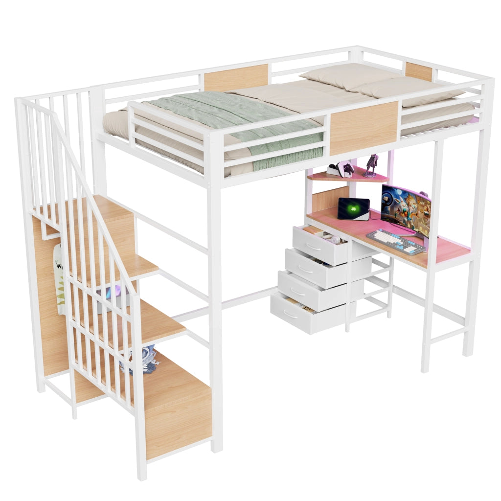 Hochbett in metallo 90x200 cm con scrivania, ripiani, bastone appendiabiti, LED e presa europea