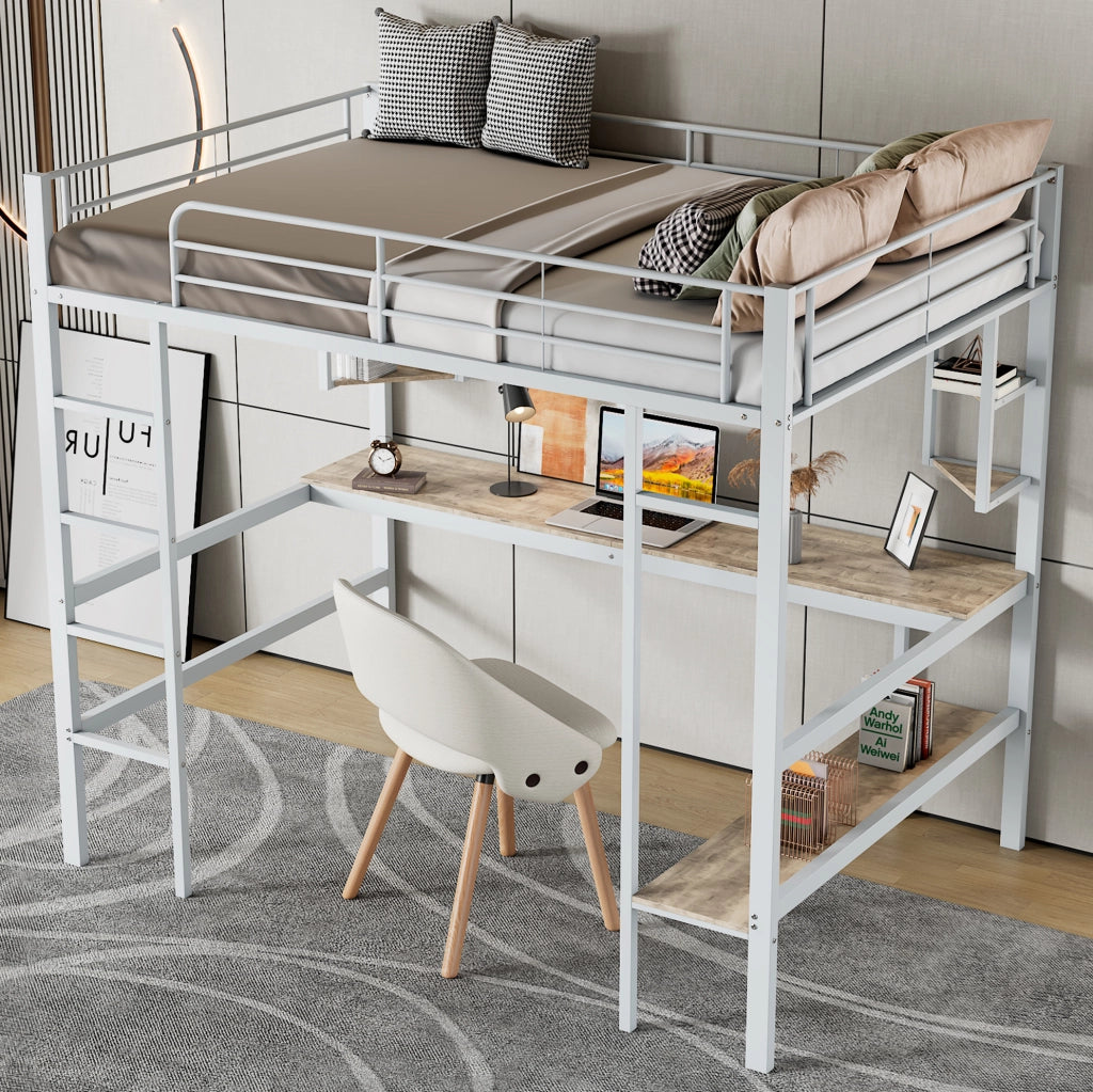 Letto a soppalco 90x200 cm con scrivania e libreria; metallo; bianco