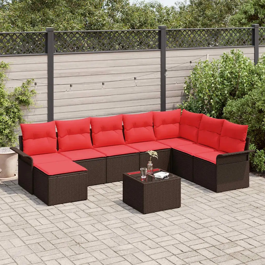 Set Divano da Giardino con cuscino 9 pcs Marrone Poly Rattan