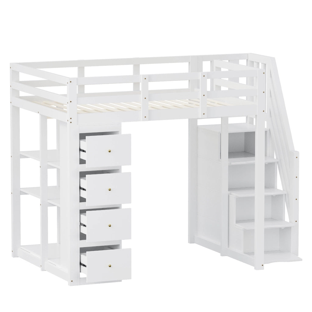 OKWISH Letto a Soppalco 140×200 cm, Letto Matrimoniale con 4 Cassetti, Scala Contenitore e Mensole, senza Materasso, in Legno, Bianco