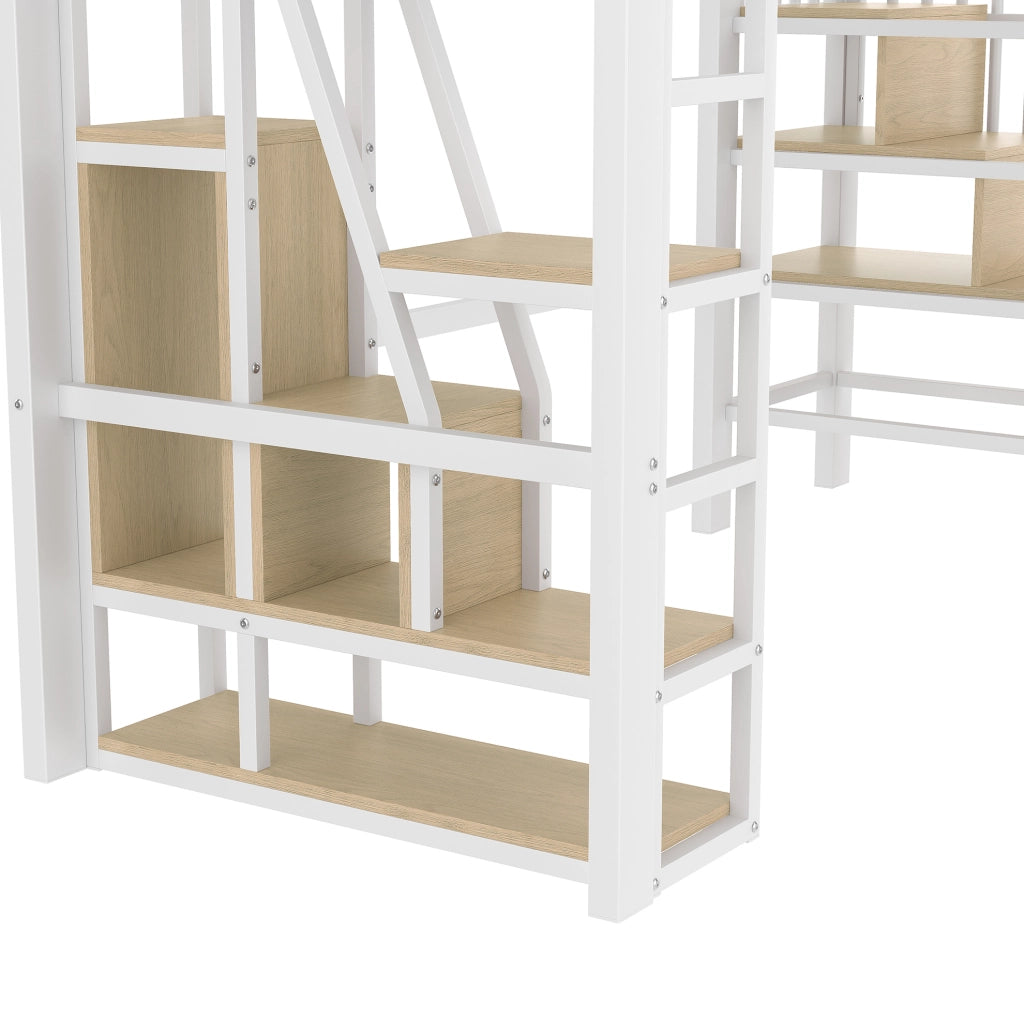Letto a soppalco 90x200 cm in metallo e MDF con LED; scala con contenitore; bianco
