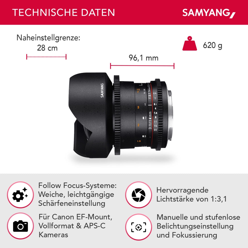 SAMYANG 14mm T3.1 VDSLR ED AS IF UMC II Obiettivo video Canon EF a messa a fuoco manuale con ingranaggio 0,8, grandangolo nero