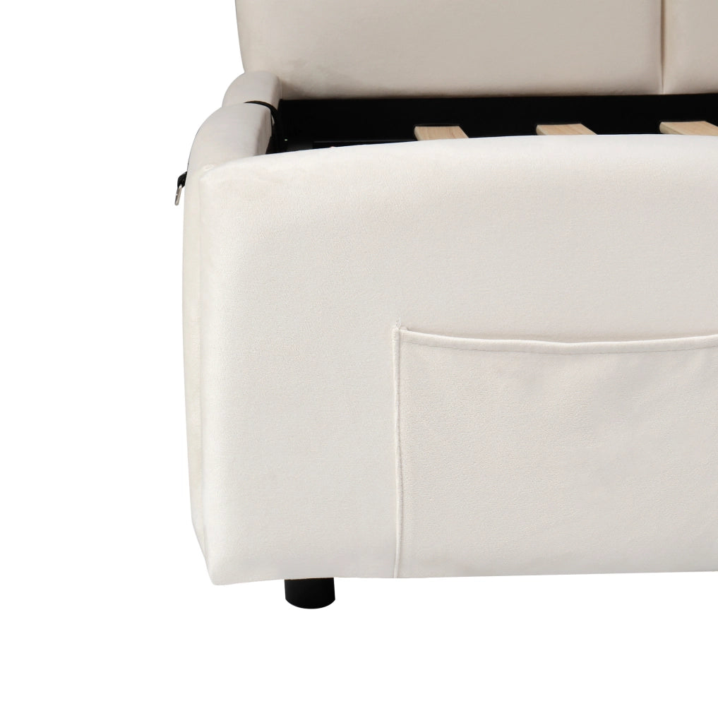 Divano letto con contenitore idraulico 90x200 cm in velluto beige; con USB-A e USB-C