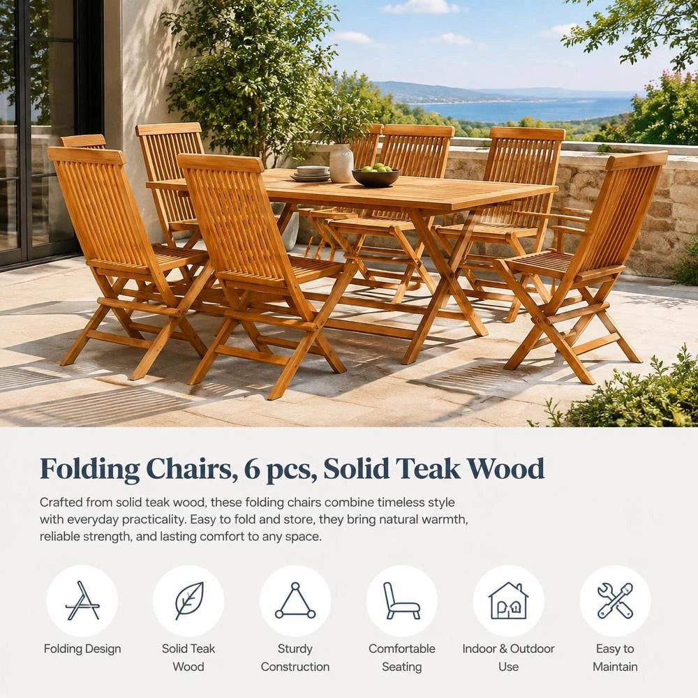 Folding Garden Chairs, Set Of 6, Made Of Solid Teak Wood