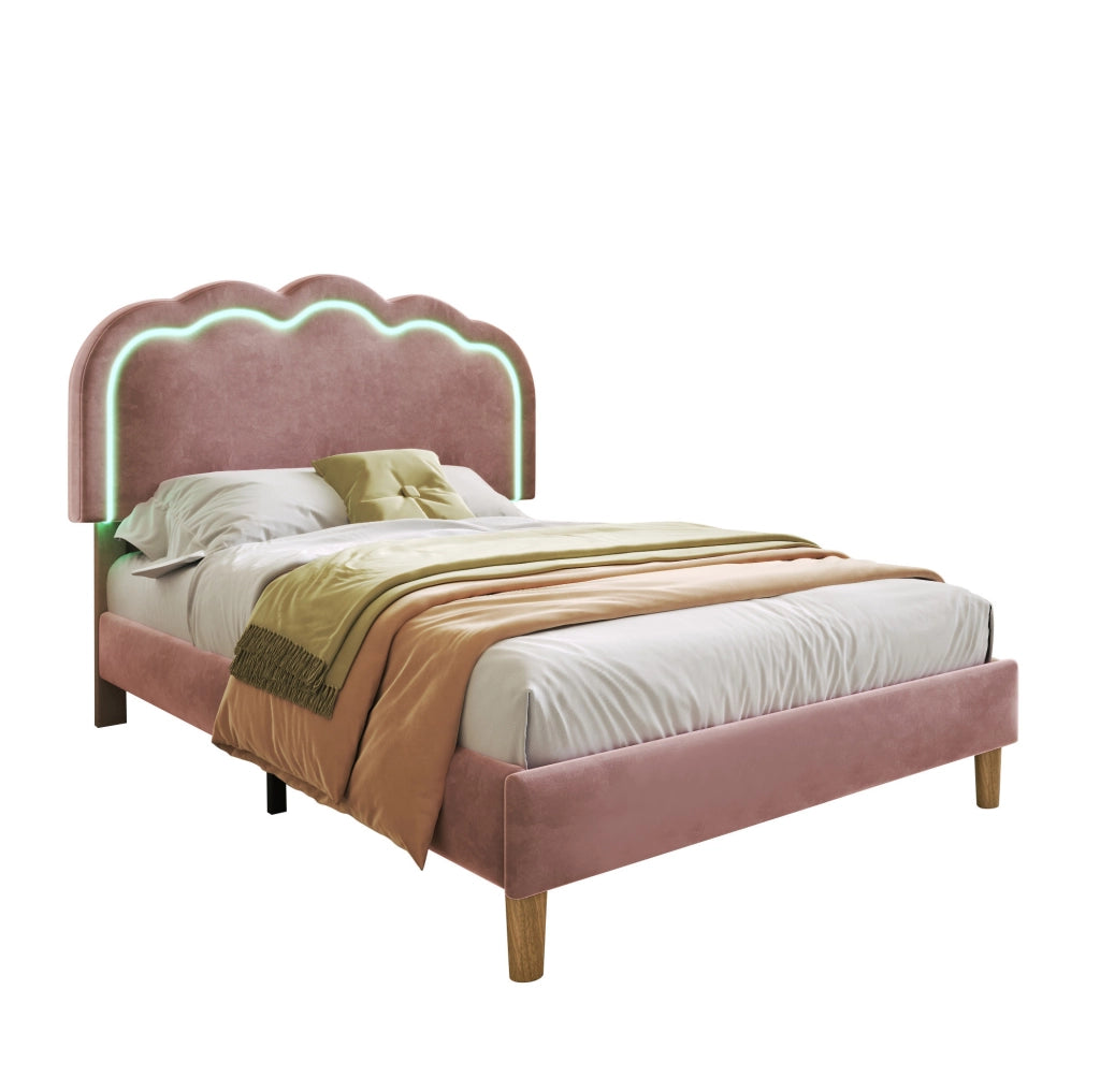 Letto singolo imbottito rosa 90x190 cm con testiera LED regolabile e struttura in velluto