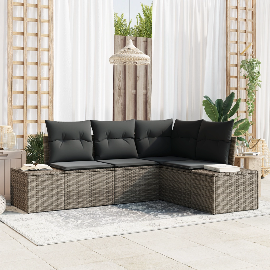 Set di divani da giardino 4 pezzi con cuscini grigi in polyrattan