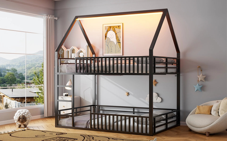 Letto a castello a forma di casa 140x200 cm con corrimano e luce LED, nero