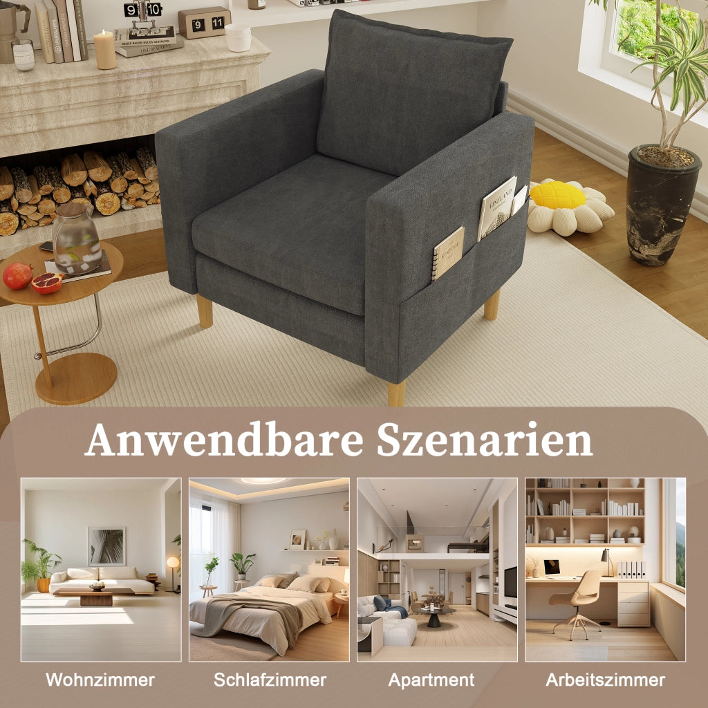poltrona con tasca laterale e cuscino schienale design nordico in ciniglia grigio 71 Ã— 68 Ã— 82 cm