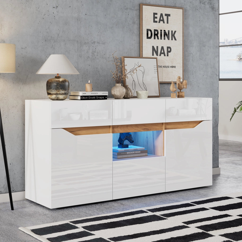 MADIA con 4 cassetti e 2 ante 140x40x70 cm Bianco e colore legno con LED