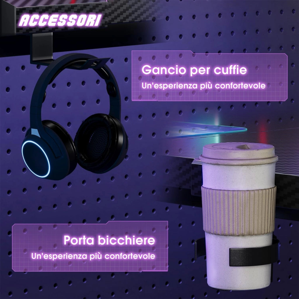 120 x 60cm Scrivania Gaming LED, Tavolo Gaming Ergonomica, Scrivania per Computer con Porta Bicchiere e Ganci per Cuffie, Postazione con Piano del Tavolo in Fibra di Carbonio, Nero