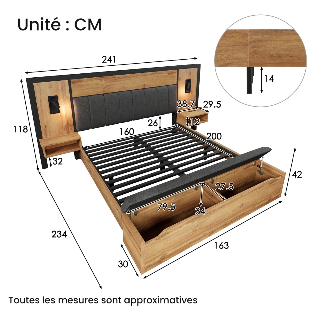 Letto Matrimoniale 160 x 200 cm - USB; Type-C; Lampade e Panca Contenitore - Rovere