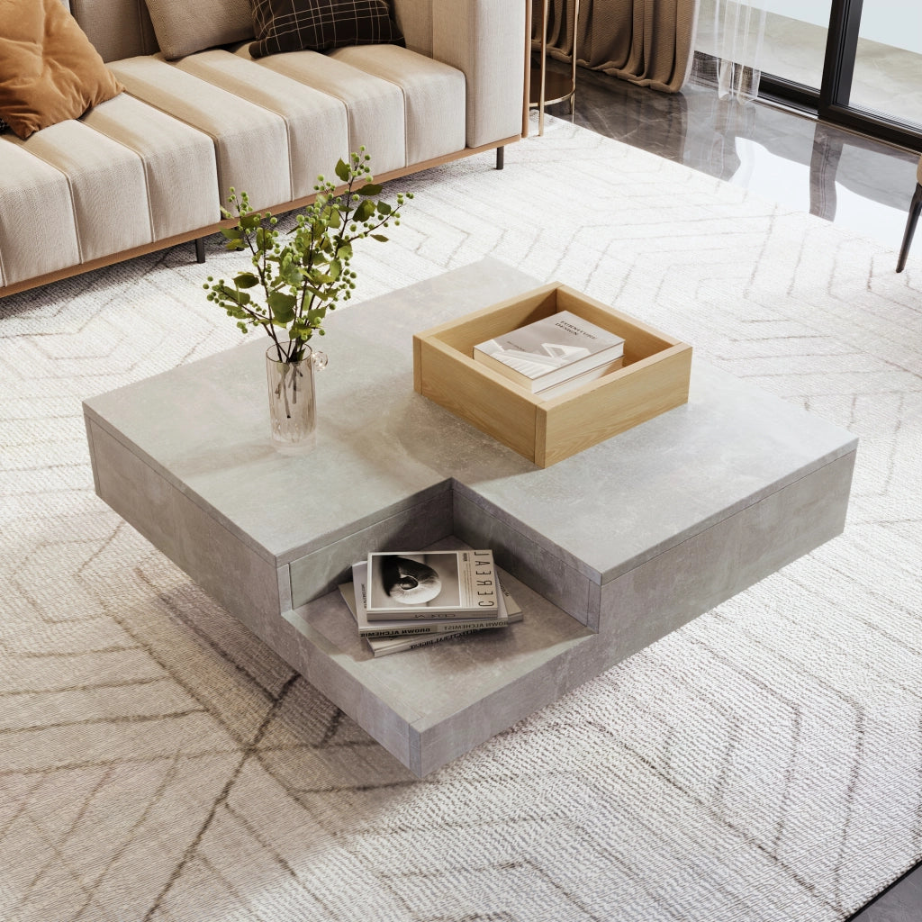 Tavolino da Caff¨¨ con Box Contenitore Estraibile; Design Grigio Cemento e Effetto Legno; in Truciolare; 72¡Á72¡Á30 cm