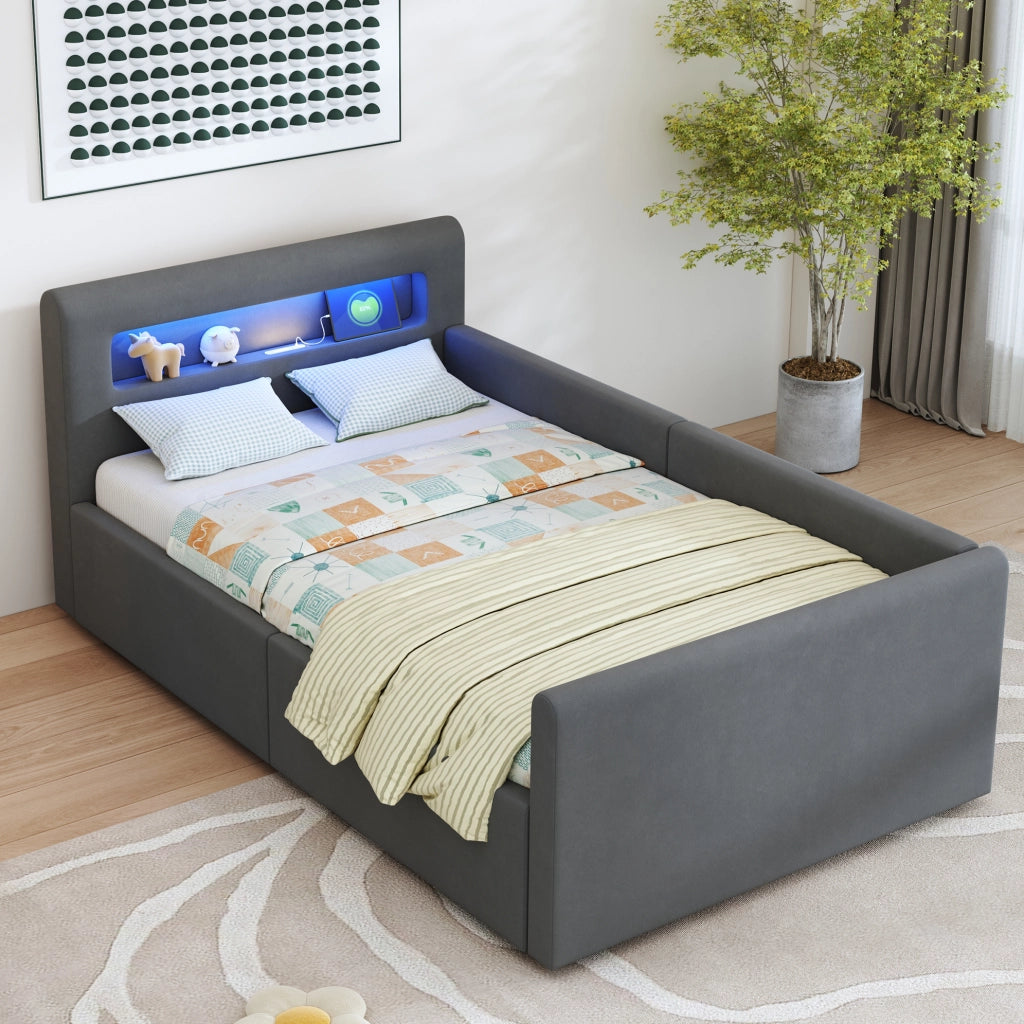 Letto singolo imbottito 90x200 cm con LED, USB e contenitore