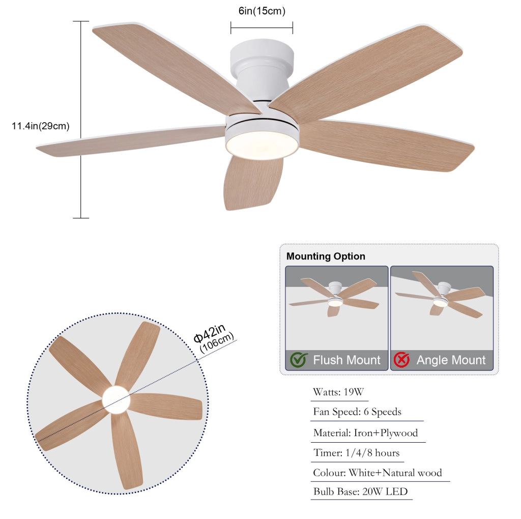Ventilatore da soffitto a filo con luce LED; 5 pale doppia finitura; 42 pollici; bianco e naturale