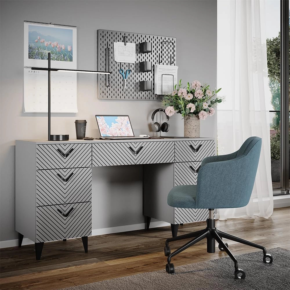Scrivania Anett, Grigio, 150 x 45 cm con 7 cassetti, adatto per l'uso come postazione di lavoro o ufficio domestico