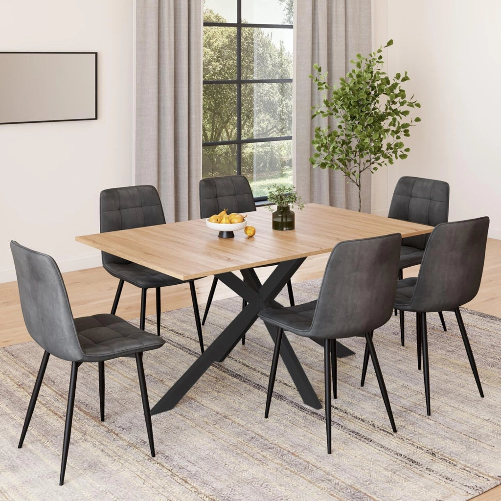 Tavolo da Pranzo Rettangolare Alix 160 cm in Legno e Nero con 6 sedie Mila in Velluto Grigio Scuro