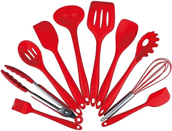 Set di accessori in silicone per cucina completo da 10 pezzi, con superficie resistente al calore e antiaderente.