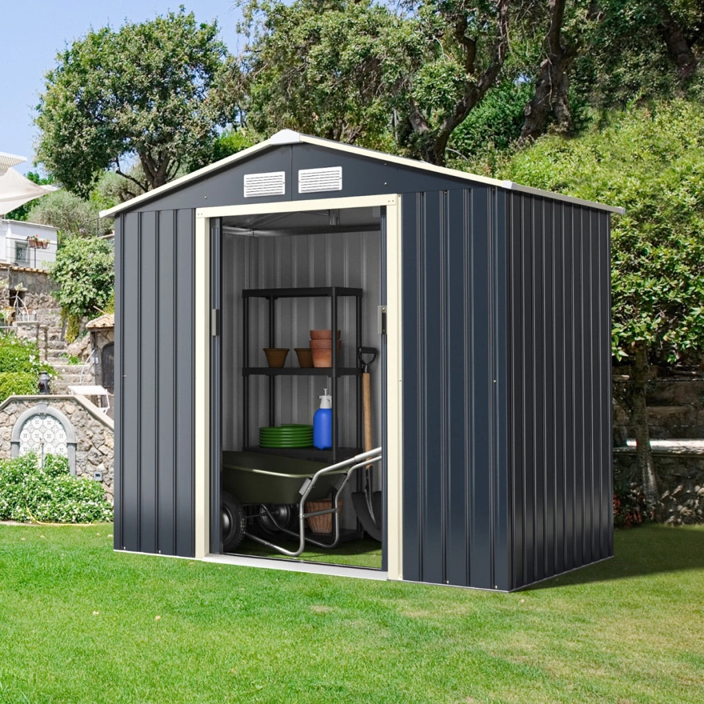 Capanno degli attrezzi di metallo con 4 sfiati e ante singole scorrevoli, Casetta da giardino 213x127x195cm-Casette da giardino