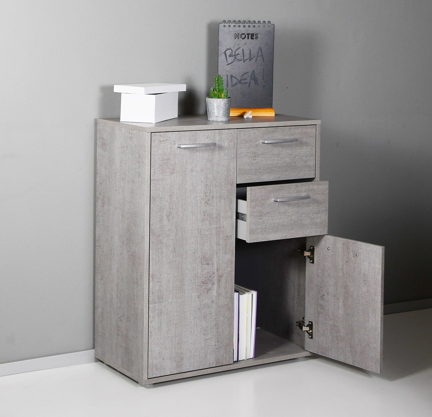 Armadietto Multiuso 3 Ante 2 Cassetti 87,6x35,3x72 cm in Truciolare Nobilitato Cemento