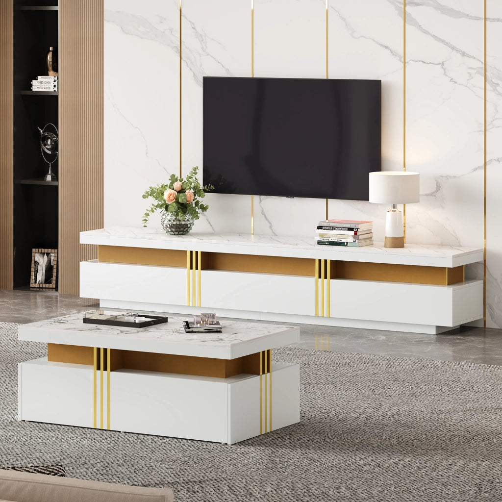 Set Mobile TV da Parete con Tavolino da Caff??; Contenitore Multifunzione; per Soggiorno Moderno; Pannello Truciolare; Bianco