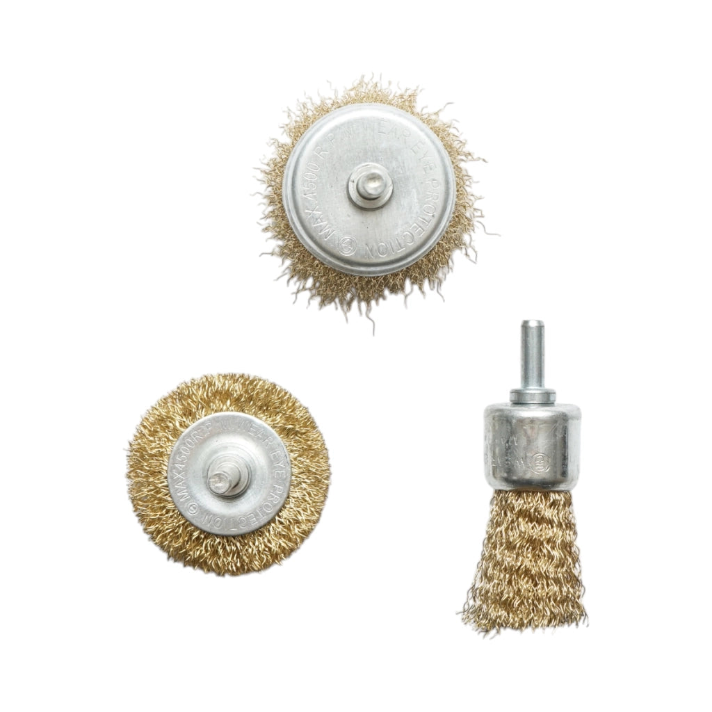 Set di 3 spazzole circolari in filo metallico: diametro 50 mm (coppa 50 mm, spazzola 25 mm, asta 6 mm), velocità massima 4500 giri/min. Breckner Germany