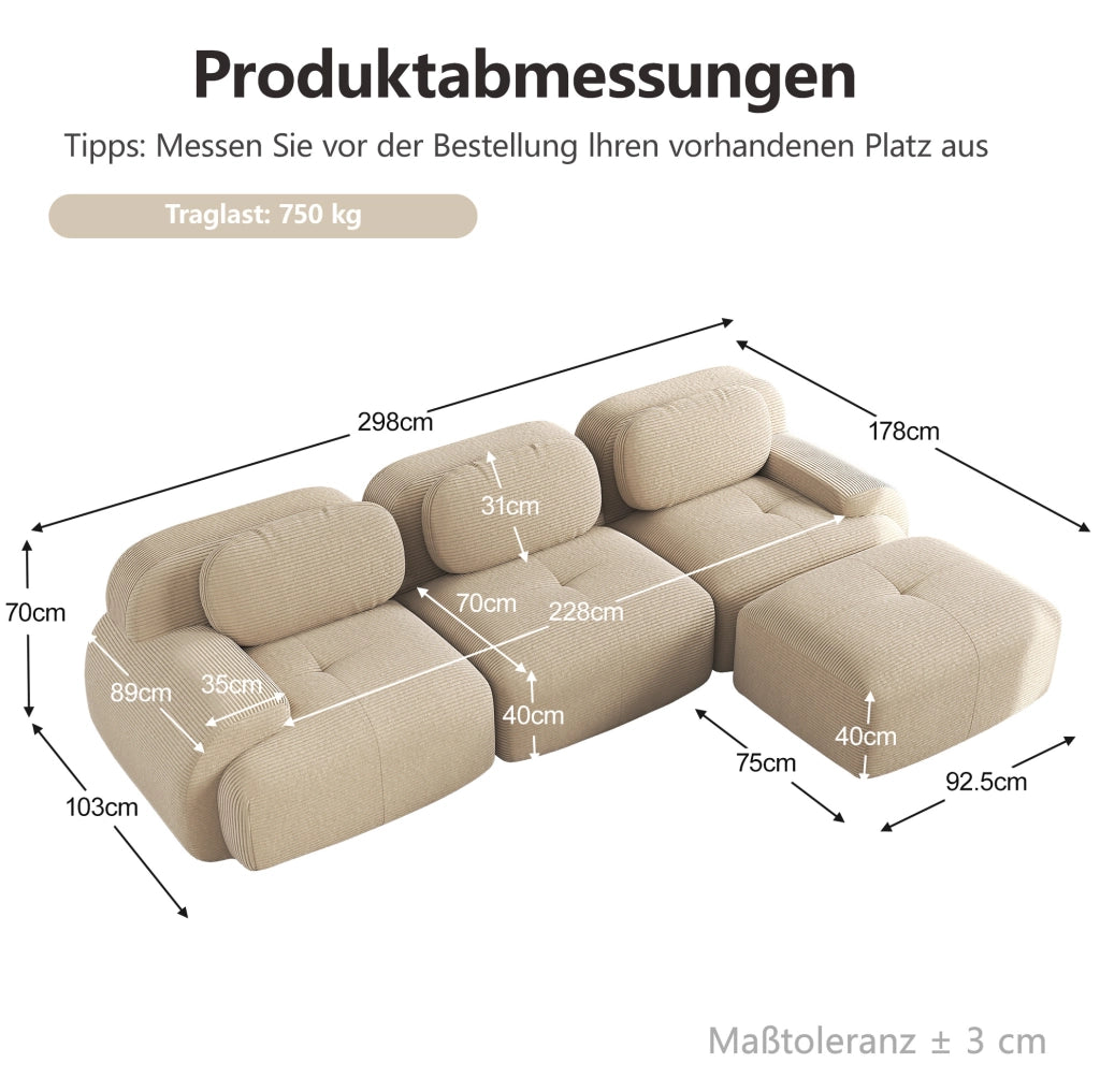 Divano angolare modulare senza montaggio in tessuto a coste beige; design ergonomico
