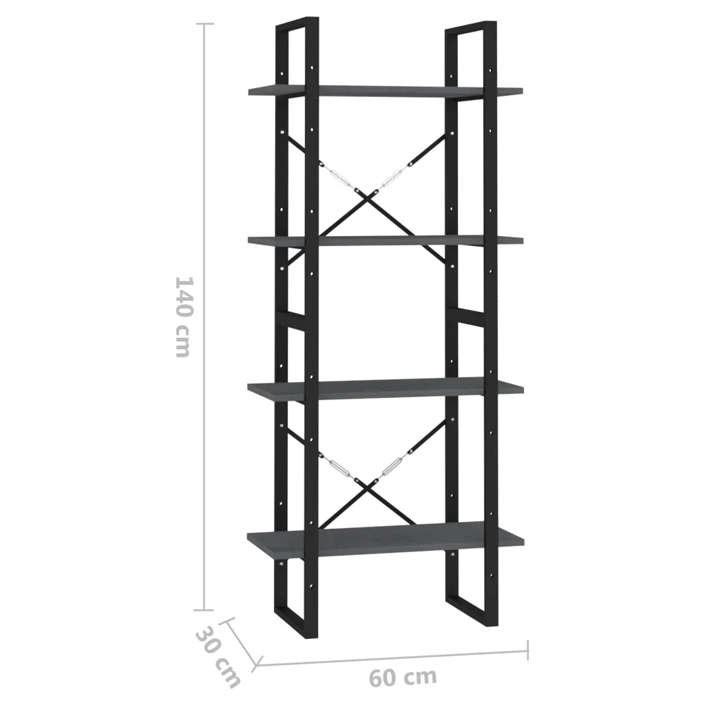 Libreria a 4 Ripiani-Scaffale per Libri-Mobile di Stoccaggio Grigia 60x30x140 cm in Massello di Pino