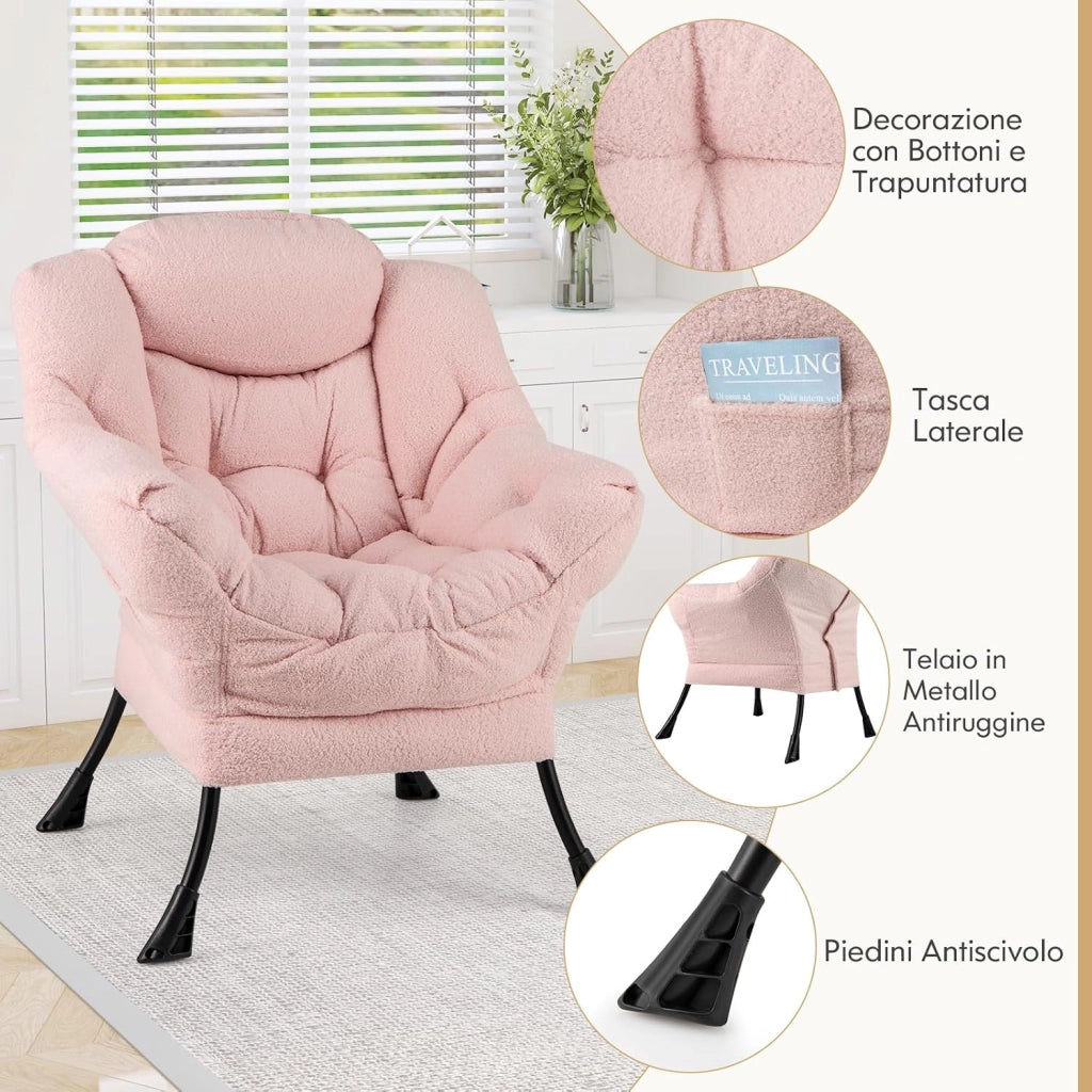 Poltrona Relax, Poltrona da Lettura con Cuscino, Elegante con Schienale e Seduta Imbottiti, Braccioli e Tasca di Stoccaggio, Portata 150 kg (Senza Pouf, Cashmere Rosa)