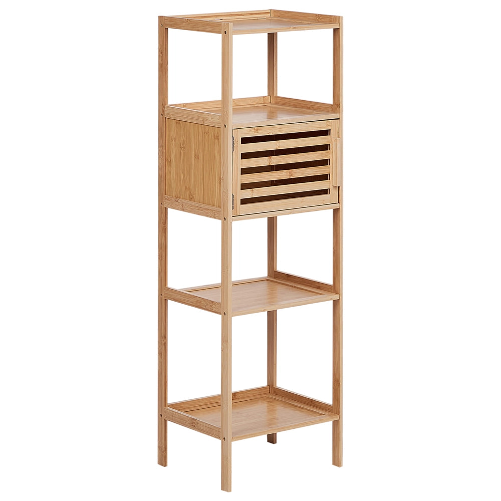 Scaffale da bagno in marrone chiaro di bambù Stoccaggio da bagno 4 ripiani 1 porta