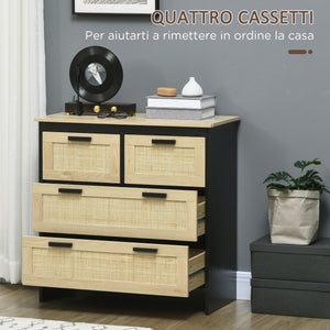 Cassettiera 4 Cassetti 80x38x80 cm in Truciolato e Rattan Nero e Color Legno