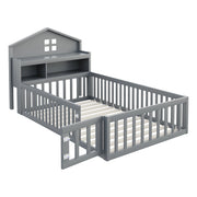 Letto per bambini 90×200 cm a casetta con ripiani; barriera e porta; senza materasso; legno; grigio
