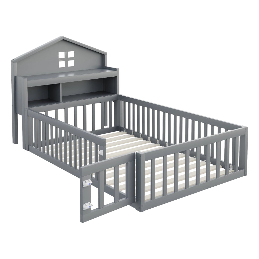 Letto per bambini 90×200 cm a casetta con ripiani; barriera e porta; senza materasso; legno; grigio