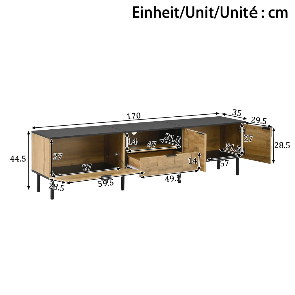 Mobile porta TV con 2 ante, 1 cassetto e vano aperto, design mosaico, in truciolato, naturale, 170 × 35 × 44,5 cm