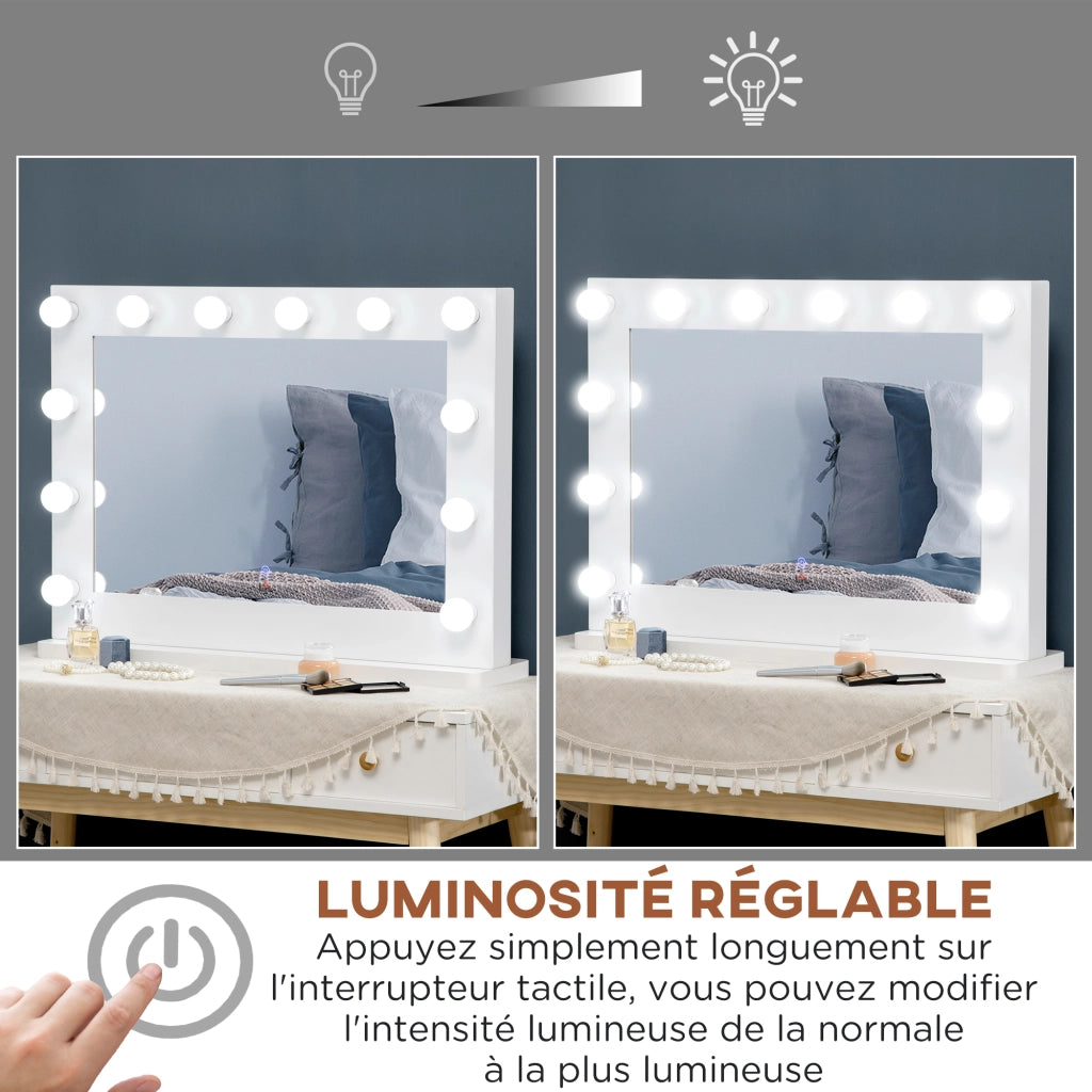 Specchio Trucco Hollywood con 12 LED Touch Dimmerabile in Metallo e MDF Bianco